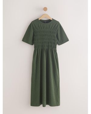 Next Short Sleeve Shirred Body T-Shirt Midi Dress - Green