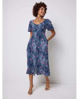 Scamp & Dude Sweetheart Puff Sleeve Tea Dress Cheetah With Stars Print - Blue