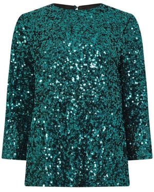 M Com Sequin Long Flute Sleeve Top - Green