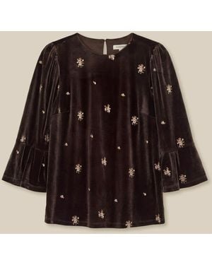 Monsoon Emilee Flute Sleeve Embroidered Velvet Top - Black