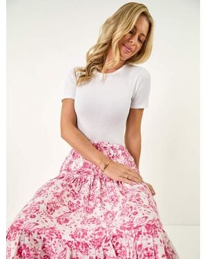 Roman Petite Petite Floral Print Tie Midi Skirt - Pink