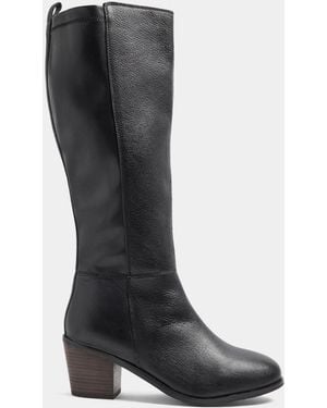 Yours Curve Leather Buckle Knee High Boots - Black