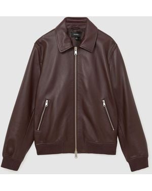 Reiss Leather Zip-Through Collared Bomber Jacket - Brown