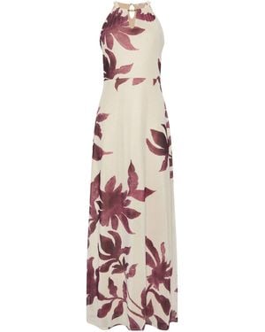 M Com Printed Mesh Halter Maxi Dress - White