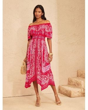 Love & Roses Petite Hanky Hem Tie Neck Midi Dress - Pink