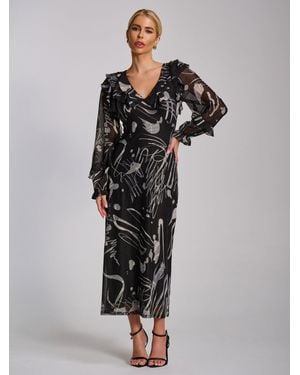 Jolie Moi Ruffle V-Neck Long Sleeve Mesh Midaxi Dress - Black