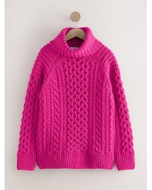 Next Roll Neck Cable Longline Sweater With Wool - Pink