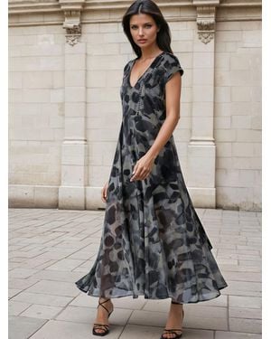 Religion Lilian Maxi V-Neck Occasion Dress With Tie Waist And Stud Neck Trim - Gray