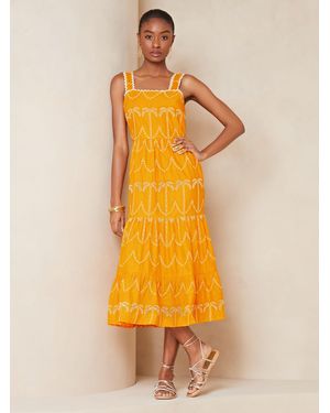 Lipsy Urlaubs-Shop Gestuftes Midi-Sommerkleid Mit Lochstickerei Und Palmenmuster40 - Gelb