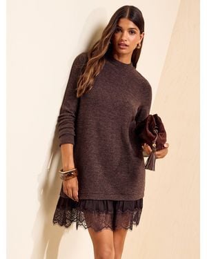 Friends Like These Chocolate Cozy Lace Hem Mini Dress - Brown