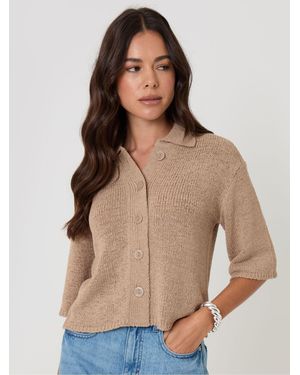 Threadbare Knitted Yarn Button Up Polo Shirt - Natural