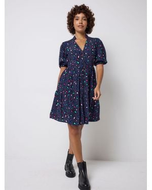 Scamp & Dude Zip Front Tiered Snow Leopard Dress - Blue
