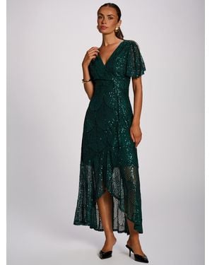 Jolie Moi Sequin Angel Sleeve Flare Hem Maxi Dress - Green