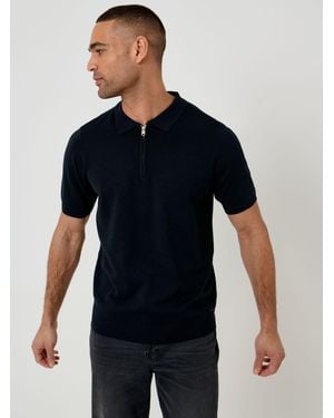 Threadbare Quarter Zip Knitted Polo Shirt - Blue