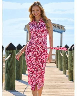 Sosandar Animal Print Ruched Front Sleeveless Shirt Dress - Pink