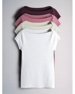 The Set 4 Pack Boat Neck Cap Sleeve Ribbed Tops Dark/Plum/Neutral - Purple