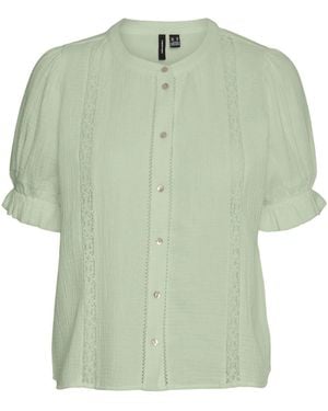 Vero Moda Button Through Lace Trim Short Sleeve Top - Green