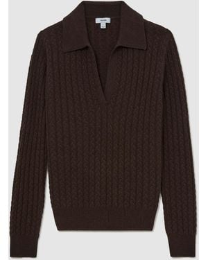 Reiss Grape Burgundy Millie Wool-Cashmere Cable-Knit Collared Sweater - Brown