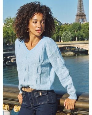 Sosandar Cable Knit V-Neck Sweater - Blue