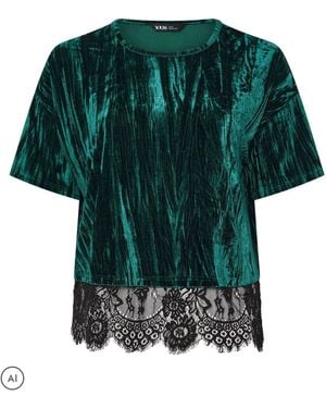 Yours Curve Velour Lace Hem Top - Green