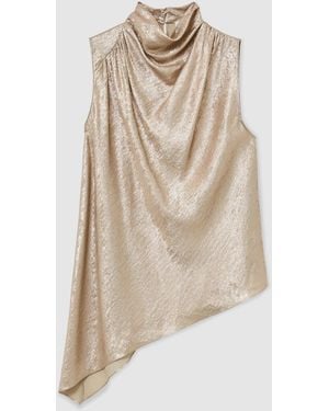 Reiss Metallic Draped High-Neck Sleeveless Top - Natural