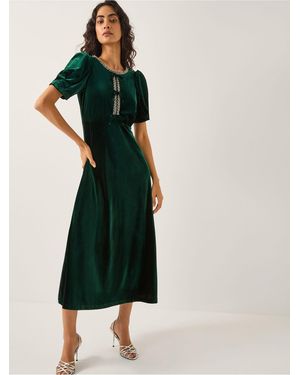 Monsoon Celeste Embellished Bow Velvet Midi Dress - Green