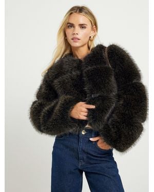 River Island Petite Crop Panel Fur Jacket - Black