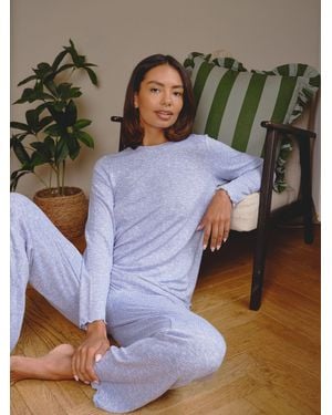 Loungeable Crew Neck Super Soft Marl Brushed Rib Long Pyjamas Set - Blue