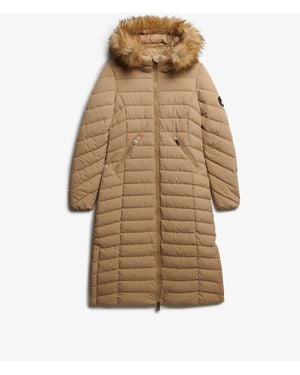 Superdry Fuji Faux Fur Hooded Longline Coat - Natural