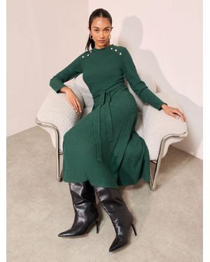 Friends Like These Petite Long Sleeve Belted Cozy Midi Dress - Green