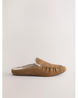 Next Tan Forever Comfort Suede Leather Borg Lined Mules - Natural