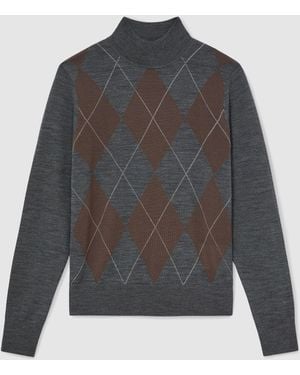 Reiss Sage Wool Argyle Funnel-Neck Sweater - Gray