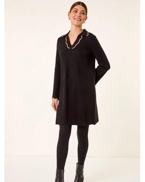 Roman Scalloped Edge Knit Dress - Black