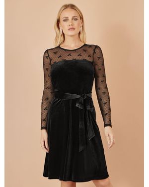 Yumi' Velvet Skater Dress With Mesh Bow Sleeves - Black