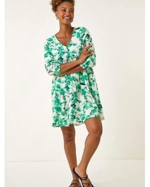 Roman Floral Print Smock Dress - Green