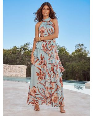 Lipsy Halter High Neck Floral Ruffle Trapeze Maxi Dress - Blue