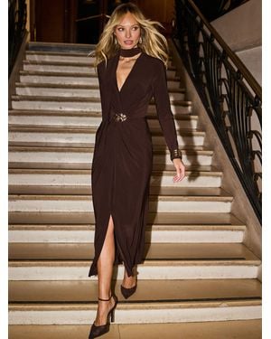 Sosandar Tie Neck Twist Front Detail Dress - Brown
