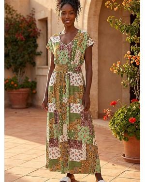 Roman Patchwork Shirred Maxi Dress - Brown