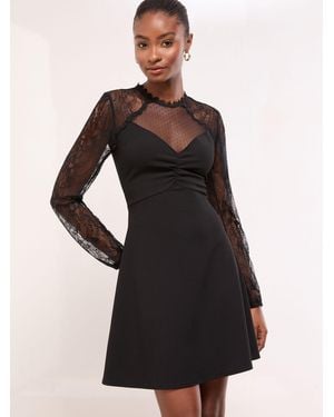 Lipsy Lace Mesh High Neck Ruched Mini Dress - Black