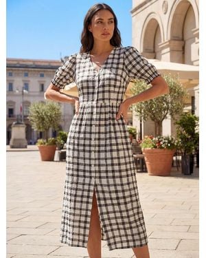 Roman Check Button Midi Dress - Metallic