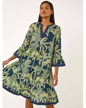 Roman 100% Cotton Palm Print V-Neck Tiered Dress - Green