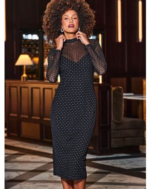 Sosandar Sparkle Mesh High Neck Midi Dress - Black