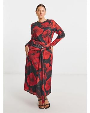 Simply Be Mesh Midi Dress With Buckle Detailing - Red