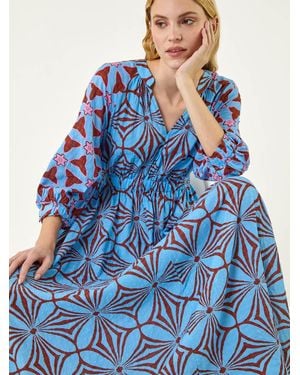 Roman Abstract Print V-Neck Maxi Dress - Blue