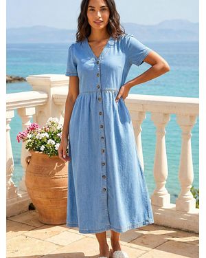 Roman Denim Button Through Midi 100% Cottton Dress - Blue