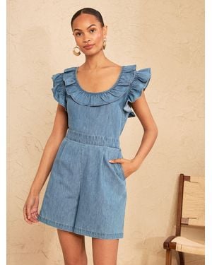 Love & Roses Playsuit With Frill Edge Detail - Blue