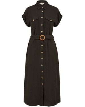 Yumi' Viscose Look Midi Shirt Dress With Wooden Belt - Black