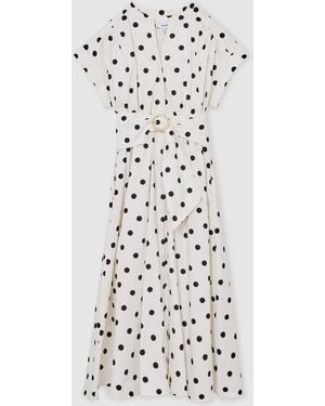 Reiss Cotton Polka-Dot Belted Midi Dress With Stretch - White