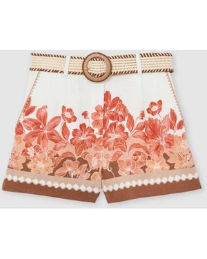 Reiss Samira Linen Floral-Print Belted Shorts - Pink