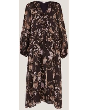 Monsoon Jada V-Neck Floral Print Ruffle Long Sleeve Midi Dress - Brown